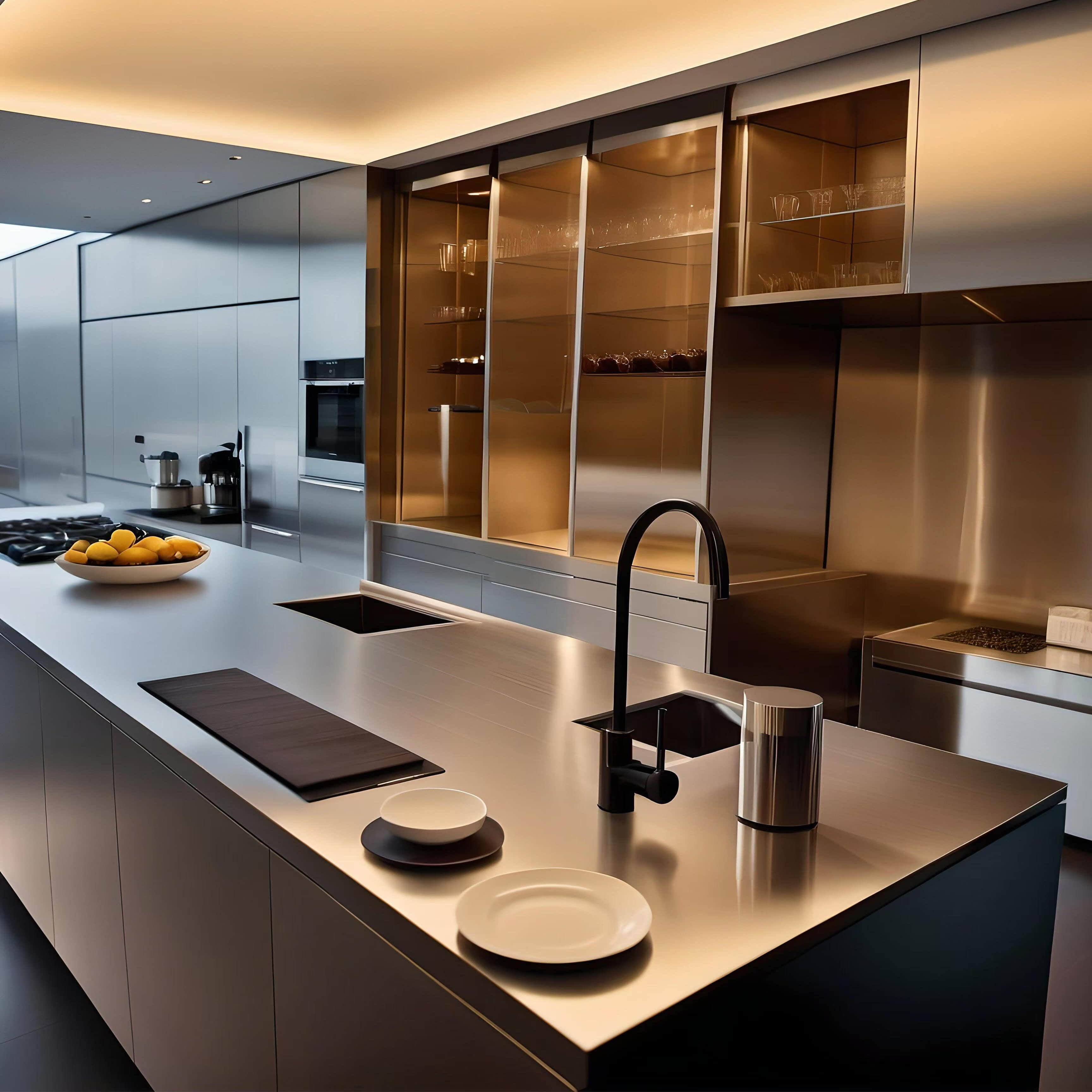 Brushed Stainless Steel upper kitchen cabinets